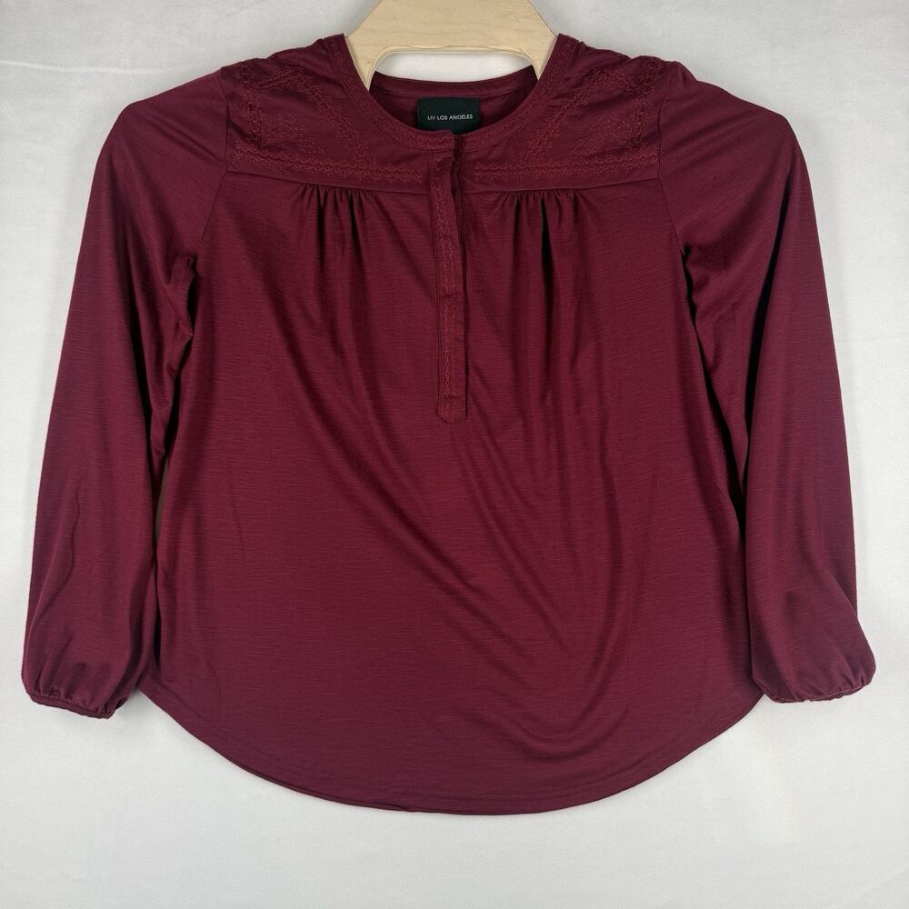 LIV Los Angeles Women S NWT Burgundy Embroidered Peasant Blouse 3/4 Sleeve